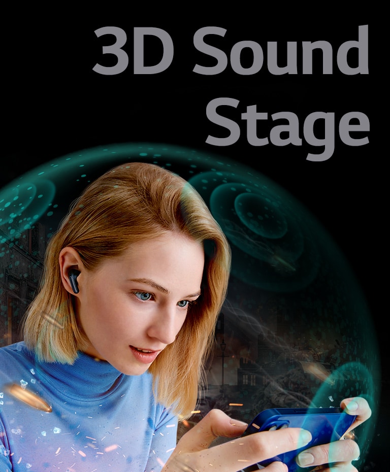 Una barrera transparente rodea a una mujer que está viendo una película en su teléfono usando TONE Free, y la frase 3D Sound saje está encima.