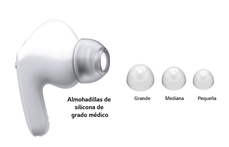 Imagen de auriculares blancos y un juego de almohadillas de 3 tamaños: Grande, Mediano y Pequeño.