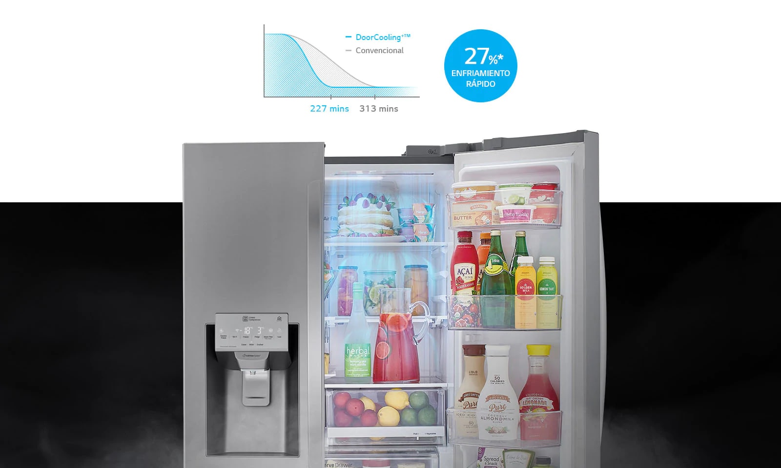 DoorCooling⁺™ y Multi Air Flow proporcionan aire frío donde se pierde fácilmente, manteniendo sus alimentos más frescos.