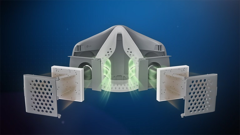Un video muestra al purificador de aire facial LG PuriCare de frente y gira hacia el costado a la vez que se expanden los filtros HEPA y luego la parte exterior para mostrar el movimiento del aire en cada parte, en las cuales las partículas y el polvo quedan atrapados en la mascarilla en lugar de seguir camino para ser inhalados por la persona.