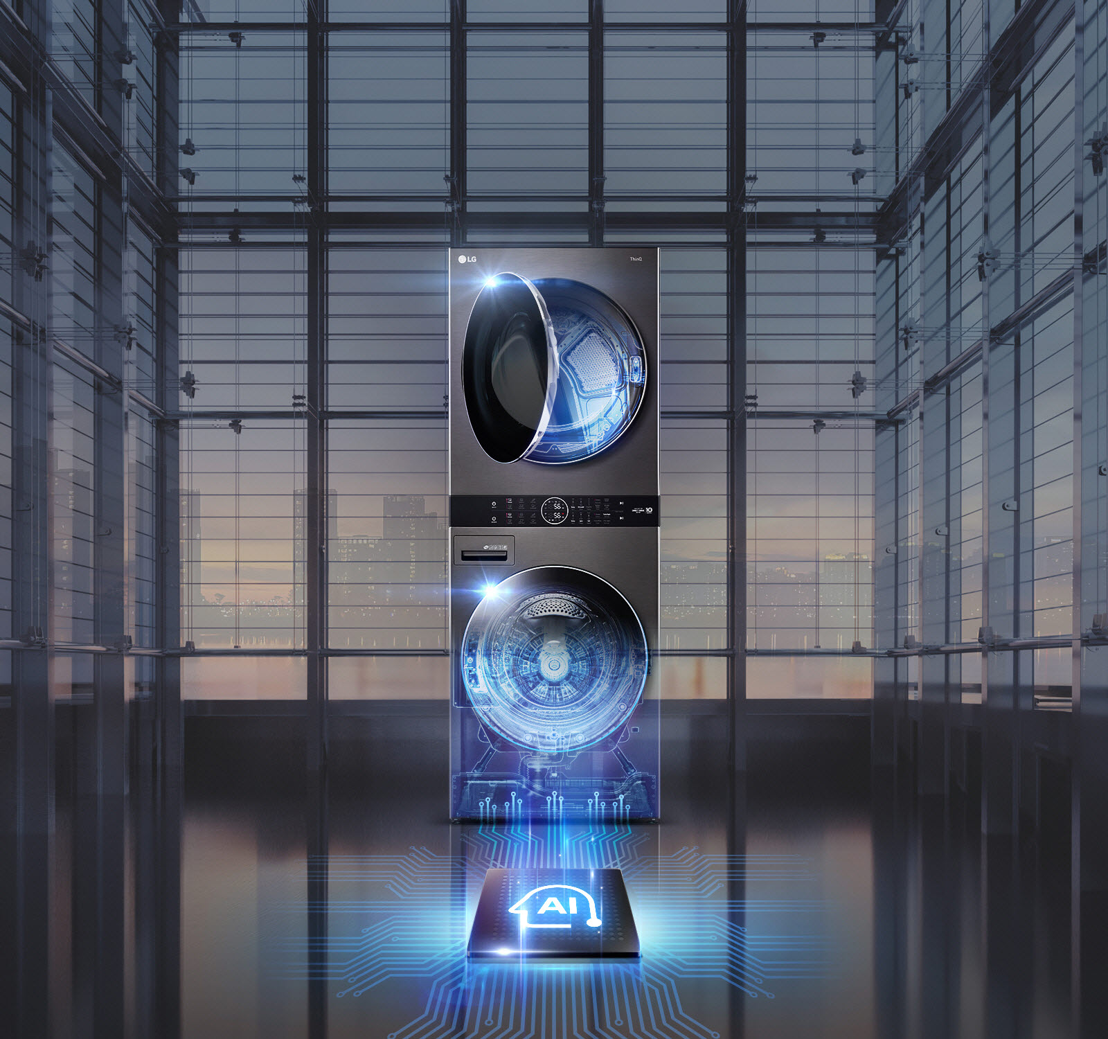 La Torre de Lavado LG frente a ventanas, con la puerta superior entreabierta y luz azul, y la inferior mostrando el ícono AI.
