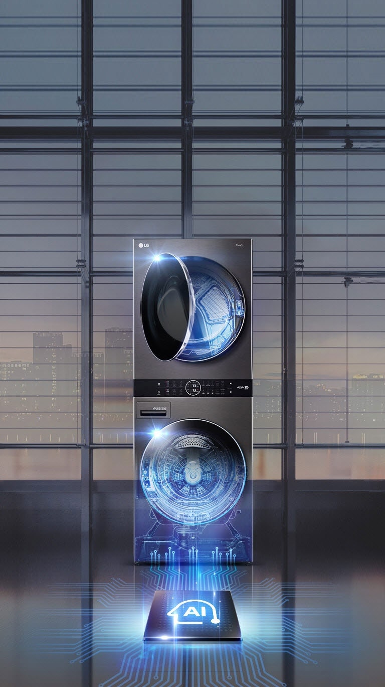 La Torre de Lavado LG frente a ventanas, con la puerta superior entreabierta y luz azul, y la inferior mostrando el ícono AI.