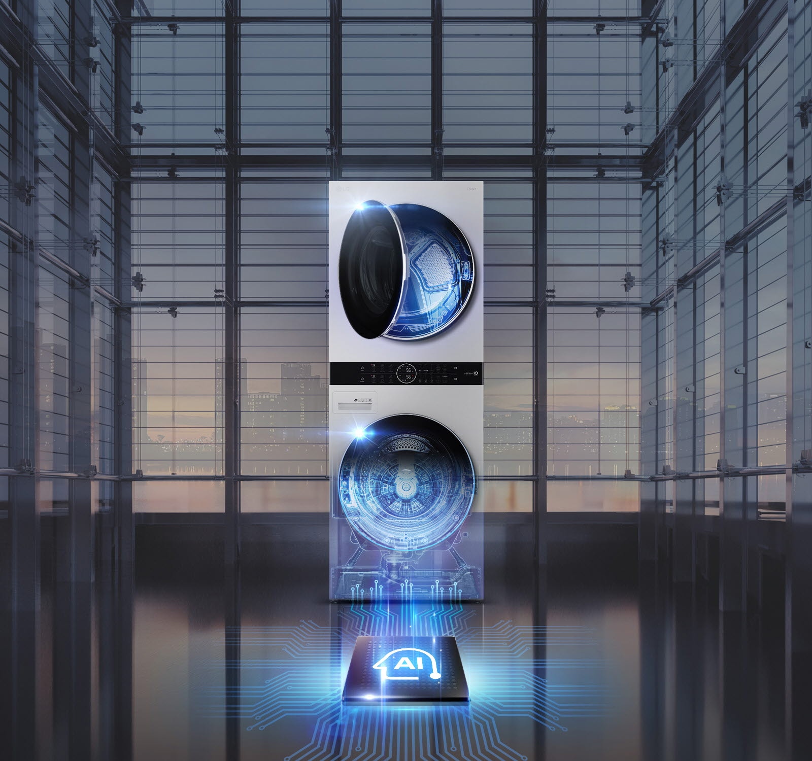 La Torre de Lavado LG frente a ventanas, con la puerta superior entreabierta y luz azul, y la inferior mostrando el ícono AI.