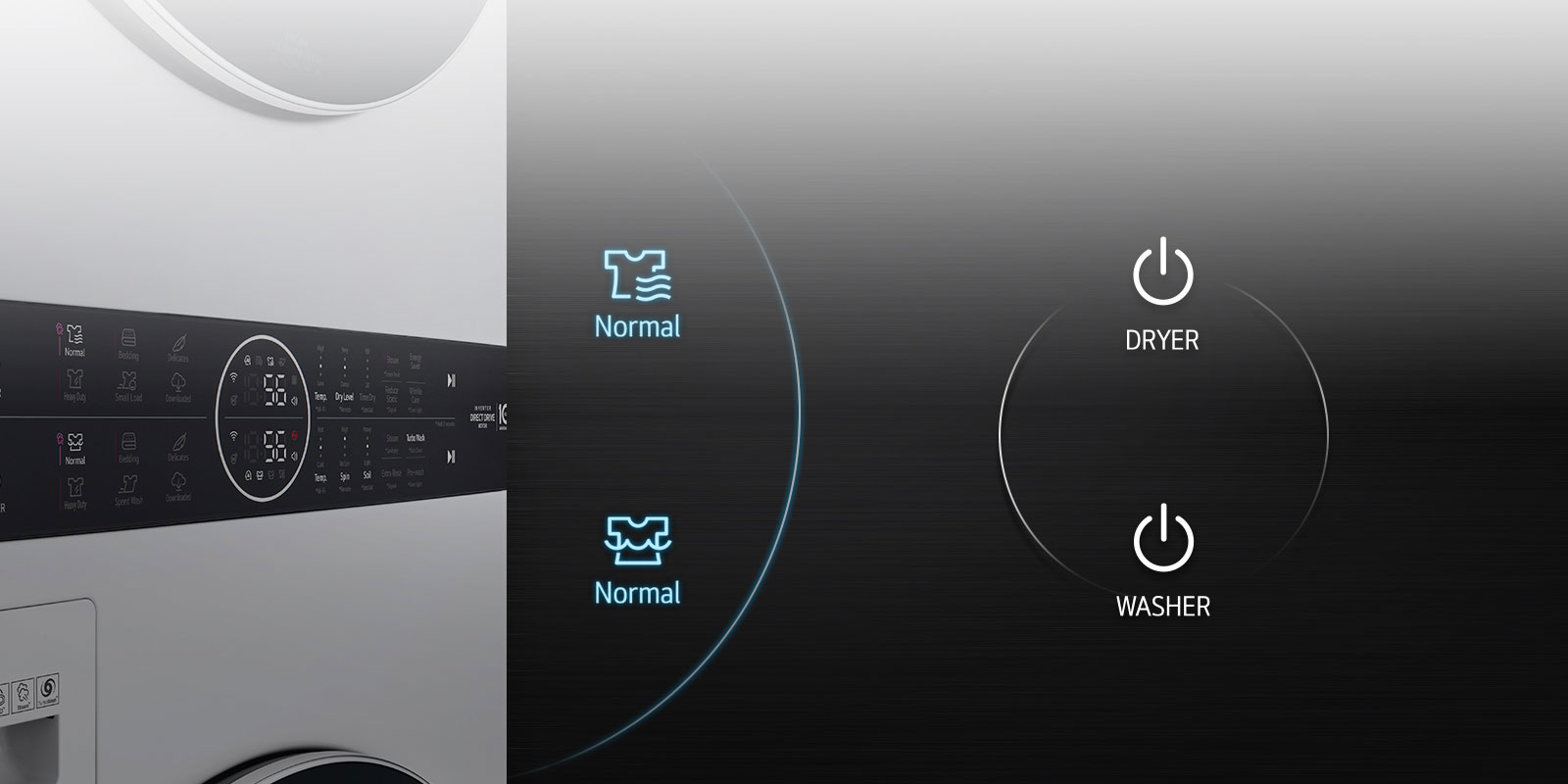 Vista lateral del panel de control con botones iluminados. A un lado, imagen ampliada de los botones en ciclo normal.