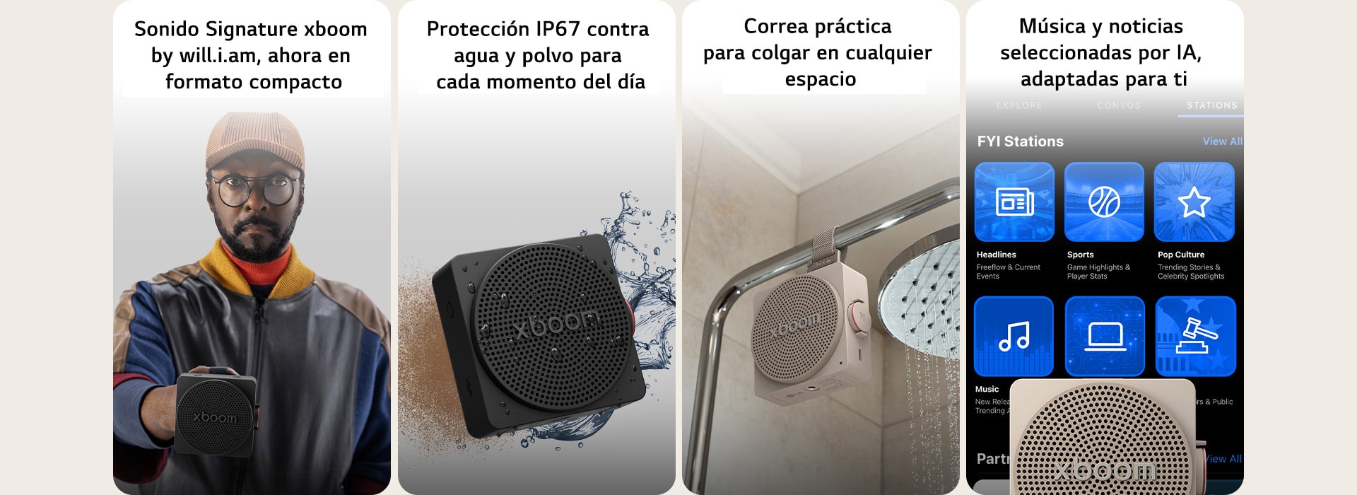 1) Parlante Bluetooth portátil compacto LG xboom mini con sonido característico de will.i.am 2) Parlantes Bluetooth colgables LG xboom mini, con una correa conveniente para colgar fácilmente en cualquier espacio 3) Parlante Bluetooth LG xboom mini con protección impermeable y a prueba de polvo IP67 para uso diario 4) LG xboom mini conectado a un teléfono inteligente, mostrando una interfaz ajutada por IA con música y noticias personalizadas