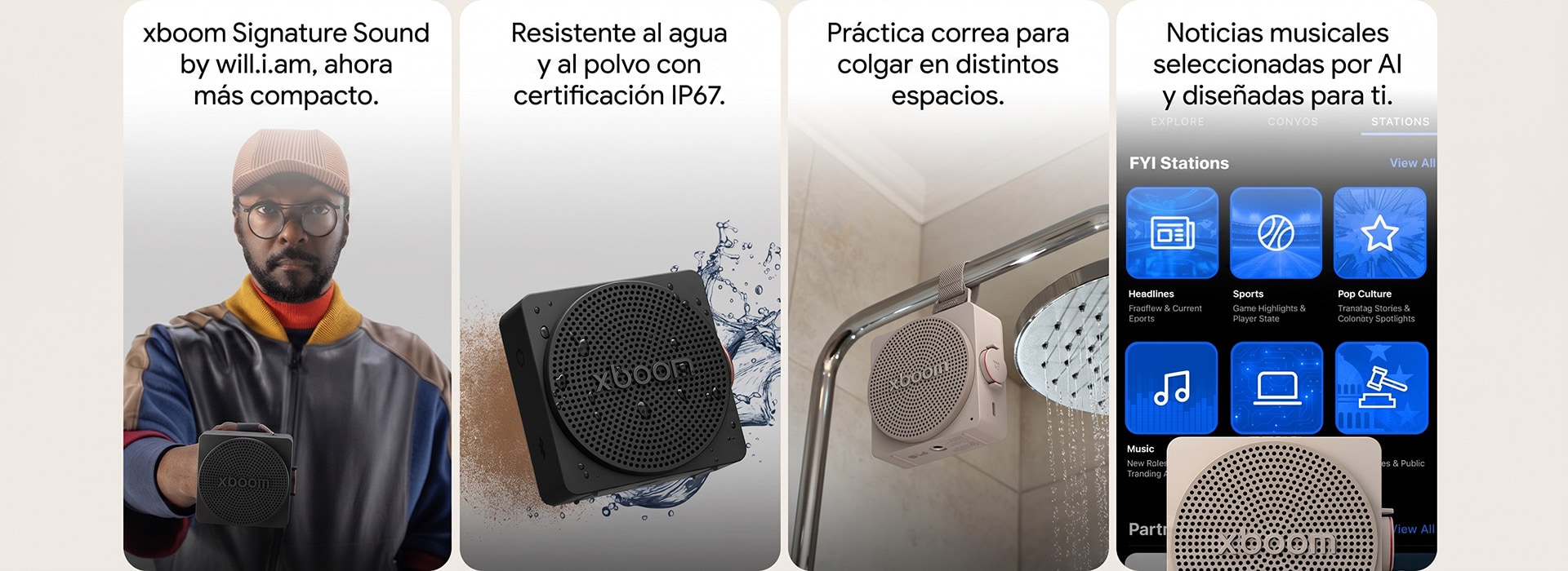 1) LG xboom mini compact portable bluetooth speaker with signature sound by will.i.am 2) LG xboom mini bluetooth hangable speakers, with a convenient strap for easy hanging in any space 3) LG xboom mini bluetooth speaker with IP67 waterproof and dustproof protection for daily use 4) LG xboom mini connected to a smartphone, showing an AI-curated interface with personalized music and news