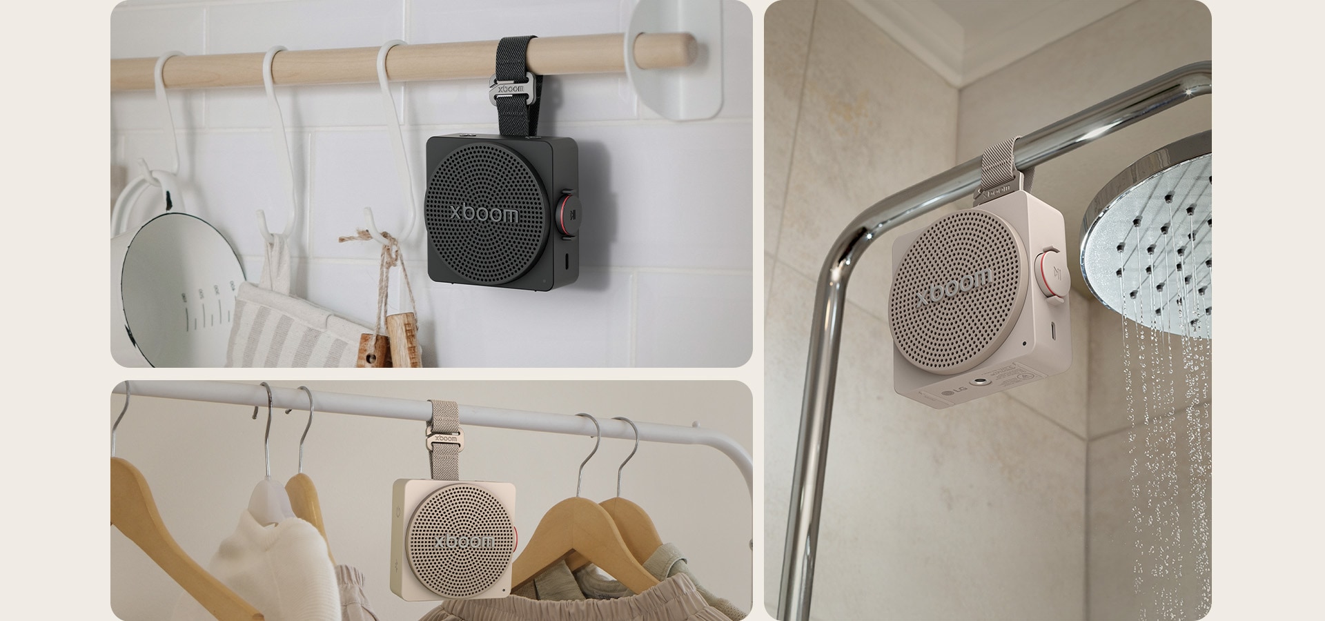 1) LG xboom mini en color negro, un parlante bluetooth portátil con una resistente correa colgante en un riel de cocina 2) LG xboom mini en color beige, un parlante bluetooth de diseño mini y cúbico con correa colgante en un perchero con ganchos 3) LG xboom mini en color negro, un parlante bluetooth portátil colgado de una ducha en un baño.