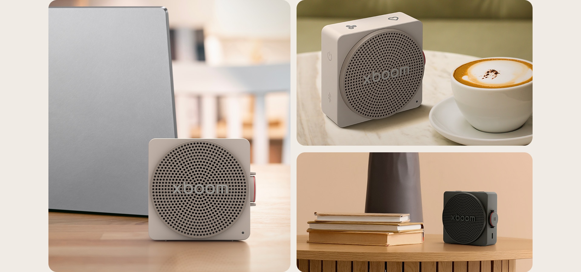 1) LG xboom mini en color gris, sobre un escritorio junto a un portátil, mostrando un parlante bluetooth compacto con diseño que se adapta al estilo de vida en interiores 2) LG xboom mini en color gris sobre una mesa de centro, un parlante bluetooth compacto con sonido que llena el espacio, para uso en interiores y exteriores 3) LG xboom mini en color negro entre libros y objetos, un pequeño parlante bluetooth diseñado para el uso cómodo en el día a día.