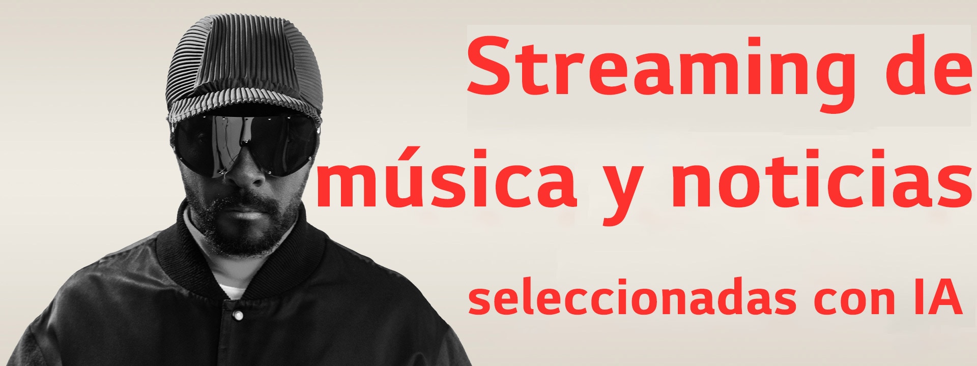 Gráfico titular de streaming de música y noticias seleccionadas con IA  con  will.i.am, destacando estaciones personalizadas potenciadas por IA generativa.