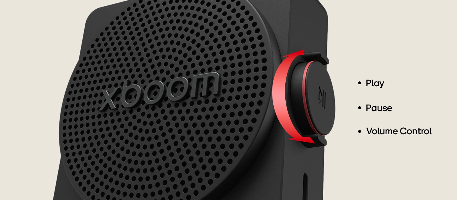 Perilla giratoria física del LG xboom mini para control de volumen con botón giratorio y de clic para acceso instantáneo a FYI AI Radio