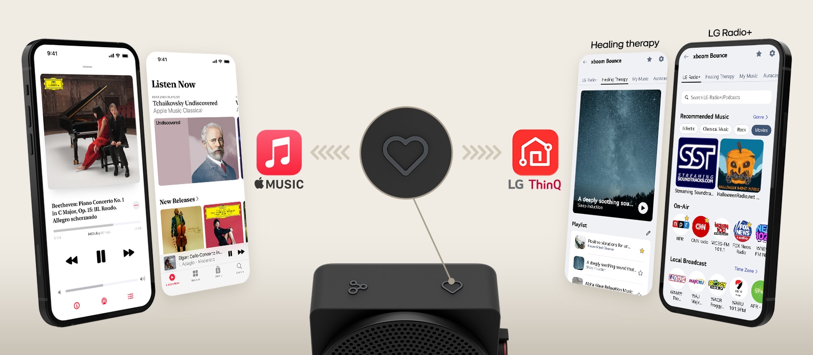Las pantallas de la app Apple Music se muestran a la izquierda y las pantallas de la app LG ThinQ a la derecha, destacando la reproducción con un toque mediante el My Button del parlante LG xboom mini.