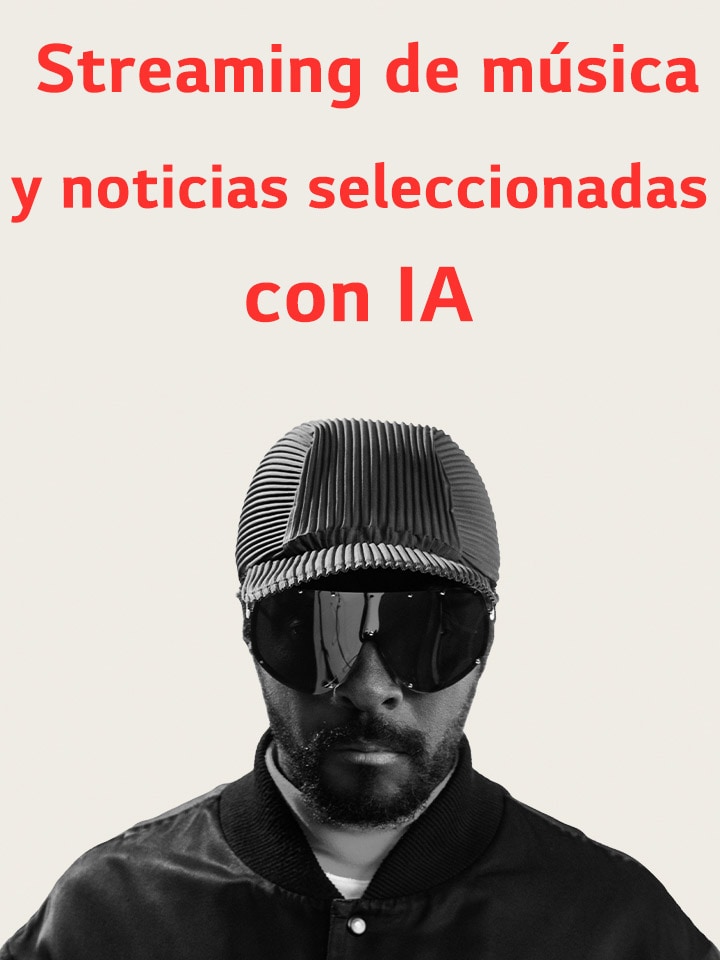 Gráfico titular de streaming de música y noticias seleccionadas con IA  con  will.i.am, destacando estaciones personalizadas potenciadas por IA generativa.