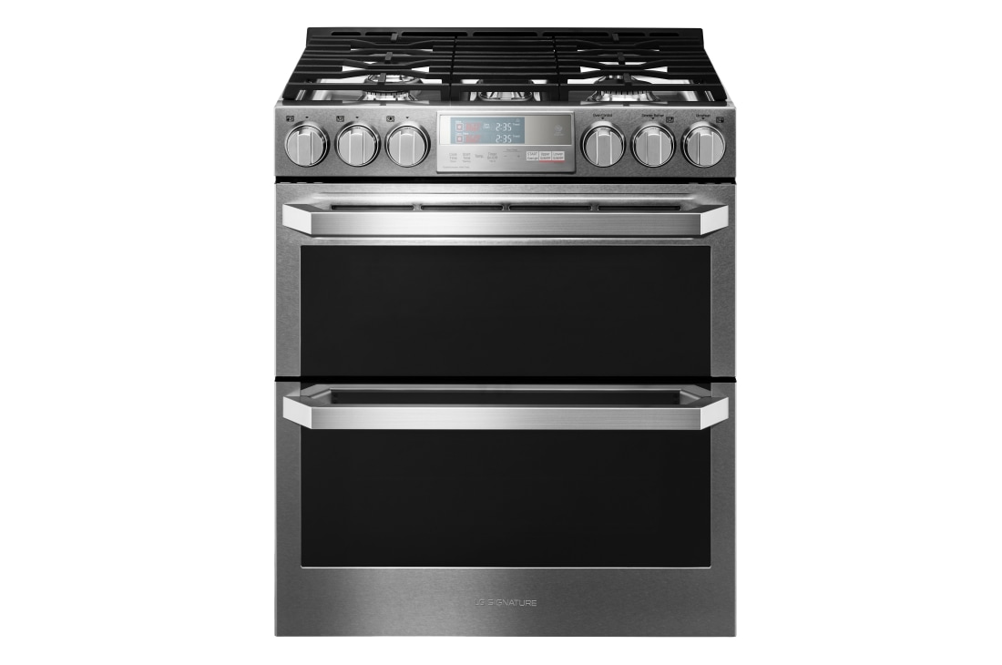 LG 6.9 pᶟ |Wi-Fi |ProBake Convection®, LG SIGNATURE 6.9 cu.ft. Smart wi-fi Enabled Gas Double Oven Slide-In Range with ProBake Convection®, front view, LUTG4519SN, thumbnail 1, LUTG4519SN, thumbnail 0