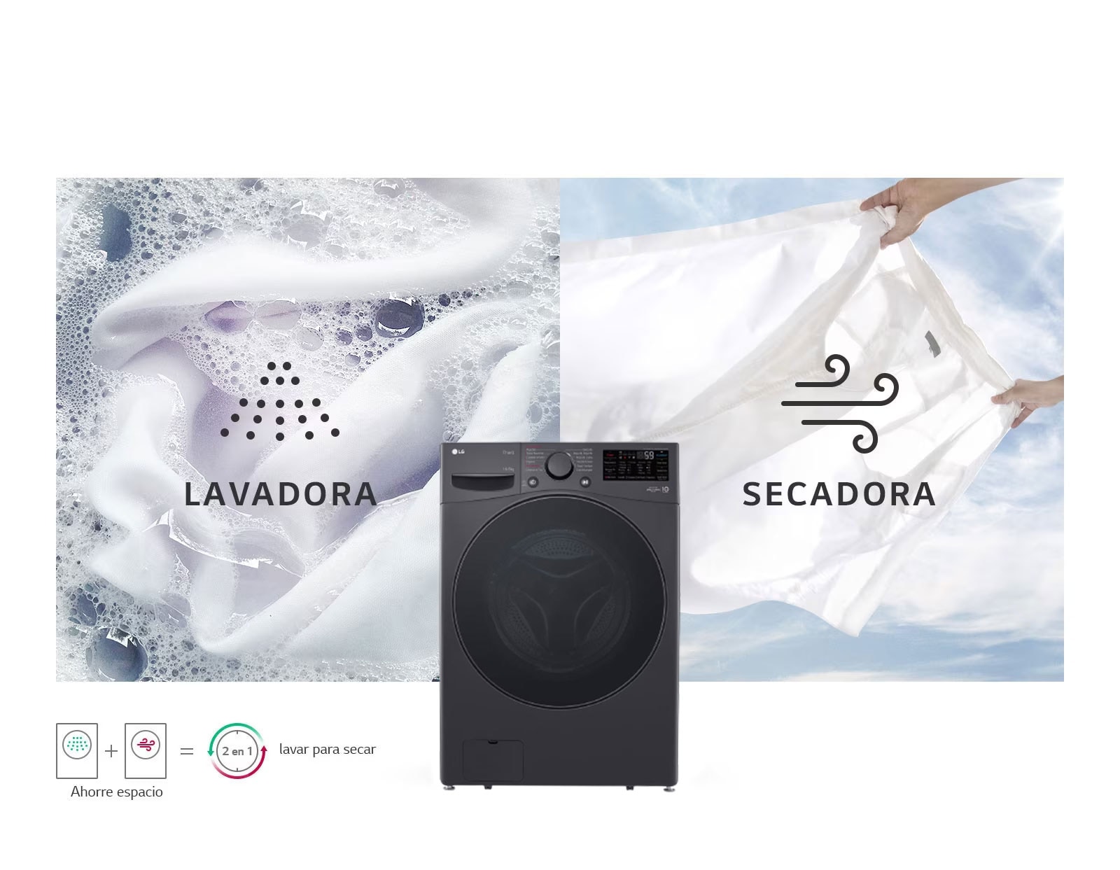 Una imagen muestra una camisa blanca con espuma en el ciclo de lavado y otra imagen muestra la camisa en el ciclo de secado.