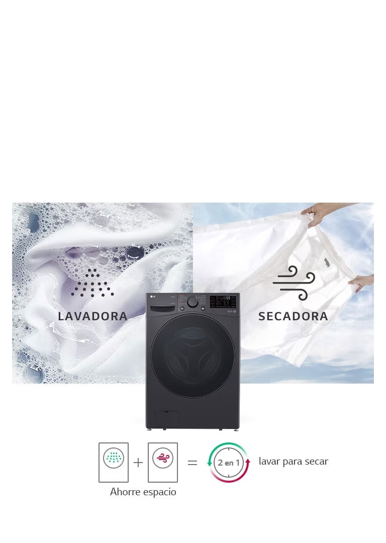 Una imagen muestra una camisa blanca con espuma en el ciclo de lavado y otra imagen muestra la camisa en el ciclo de secado.