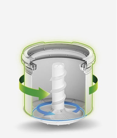 Se muestra una tina giratoria con el agitador. Flechas verde y azul indican la dirección de rotación, ambas coinciden.