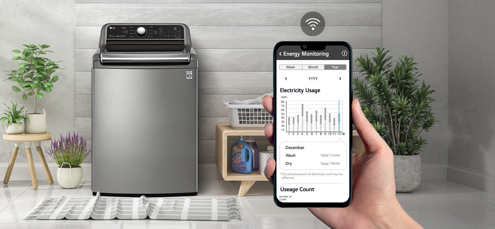 En una lavandería, una mano con un teléfono muestra la pantalla con datos de mantenimiento, uso de energía y símbolo de WiFi.