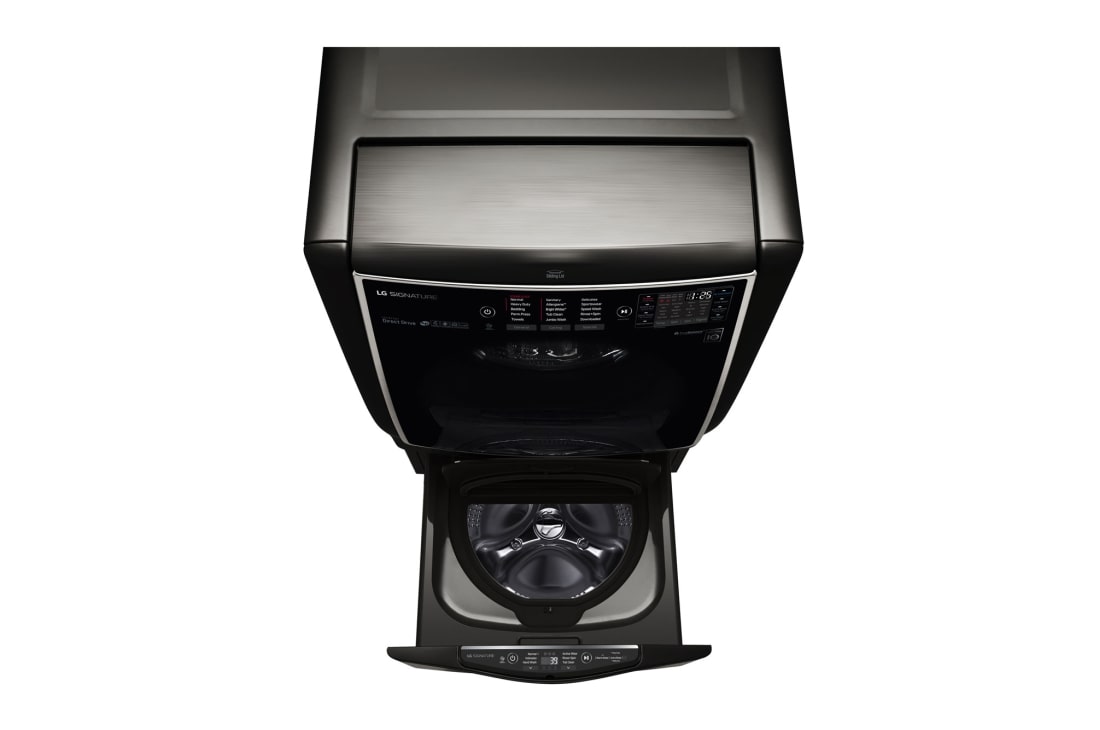 LG TWINWash Mini ™ LG SIGNATURE |1.0 pᶟ |3D Motion| Acero Inoxidable Negro| Smart Diagnosis, LG SIGNATURE 1.0 cu. ft. LG SideKick™ Pedestal Washer, LG TWINWash™ Compatible , top view with inside cover open, WD205CK, thumbnail 3, WD205CK, thumbnail 4
