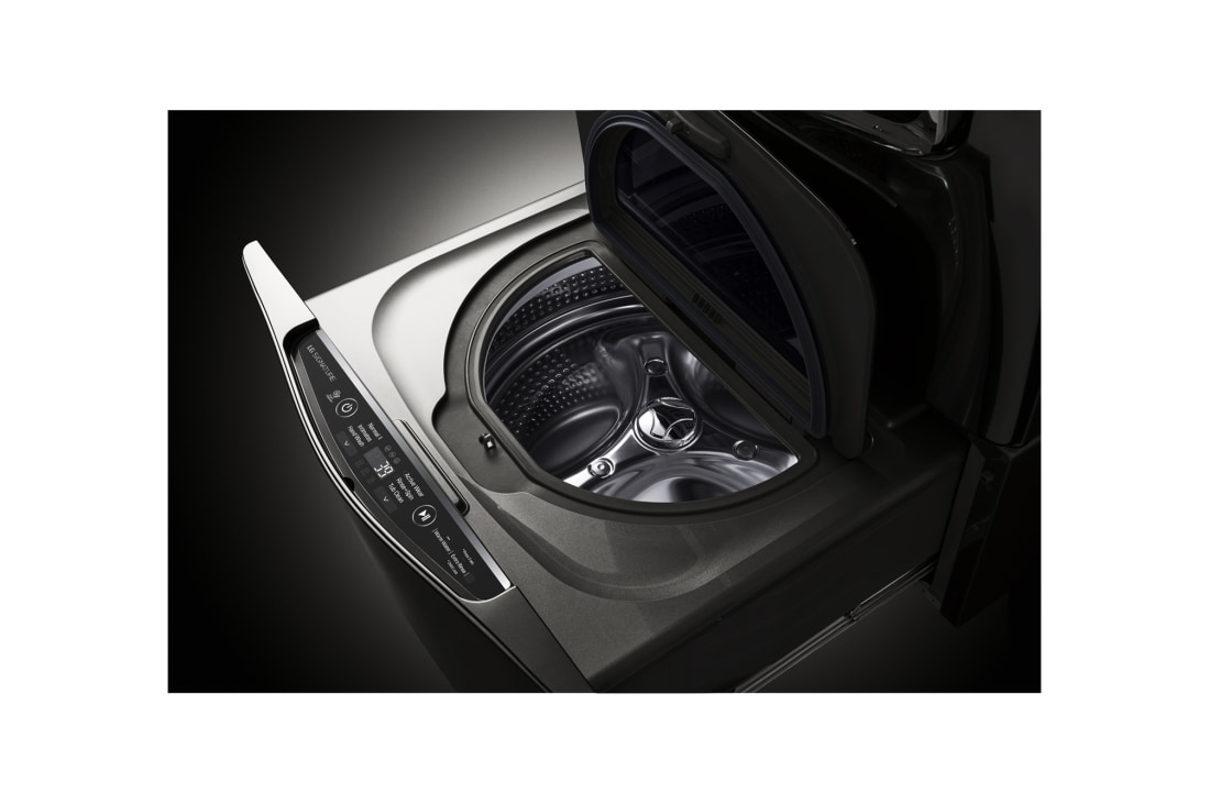 LG TWINWash Mini ™ LG SIGNATURE |1.0 pᶟ |3D Motion| Acero Inoxidable Negro| Smart Diagnosis, LG SIGNATURE 1.0 cu. ft. LG SideKick™ Pedestal Washer, LG TWINWash™ Compatible , -45 degree close-up side view with inside cover open, WD205CK, thumbnail 7, WD205CK, thumbnail 8