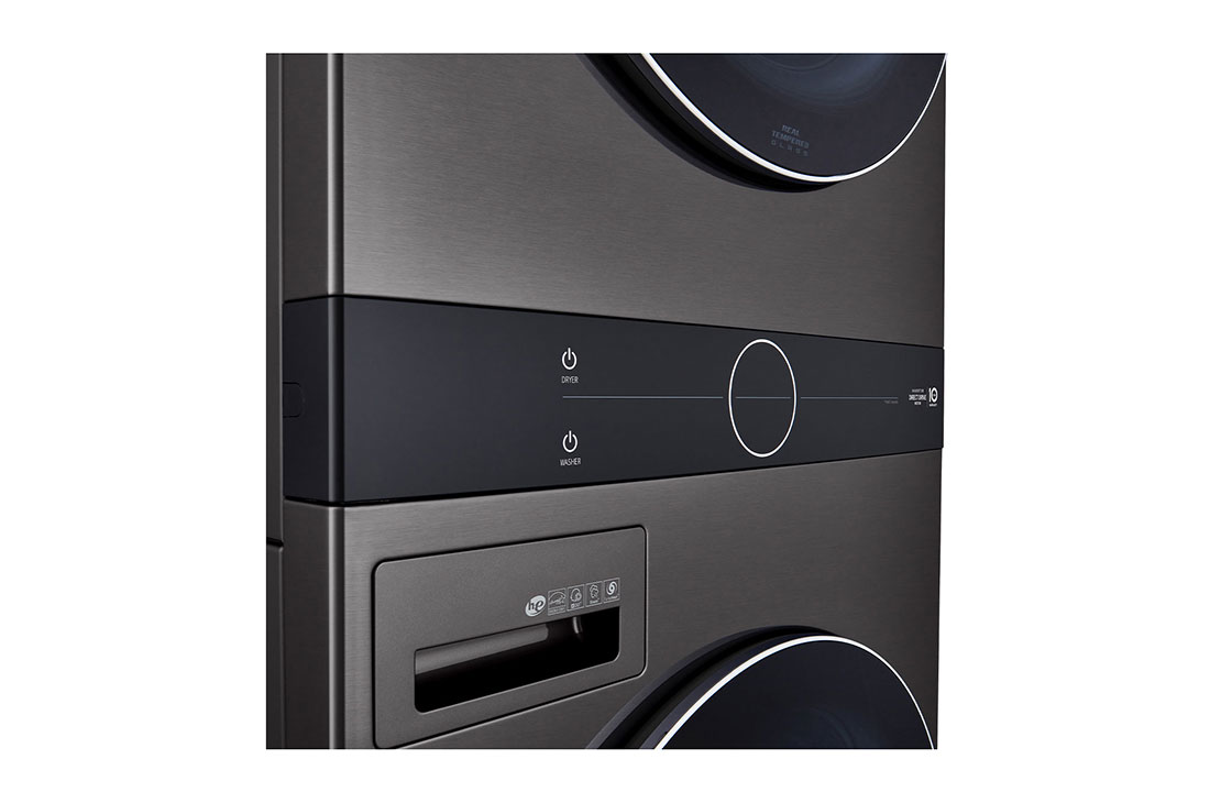 LG Torre de lavado WashTower™ 22kg (lavado)/ 22kg (Secado) AI Direct Drive™, Steam, Color Acero Negro, Primer plano del panel de control central en un ángulo con los botones de encendido de "Lavadora" y "Secadora" más cerca., WK22BS6, thumbnail 4