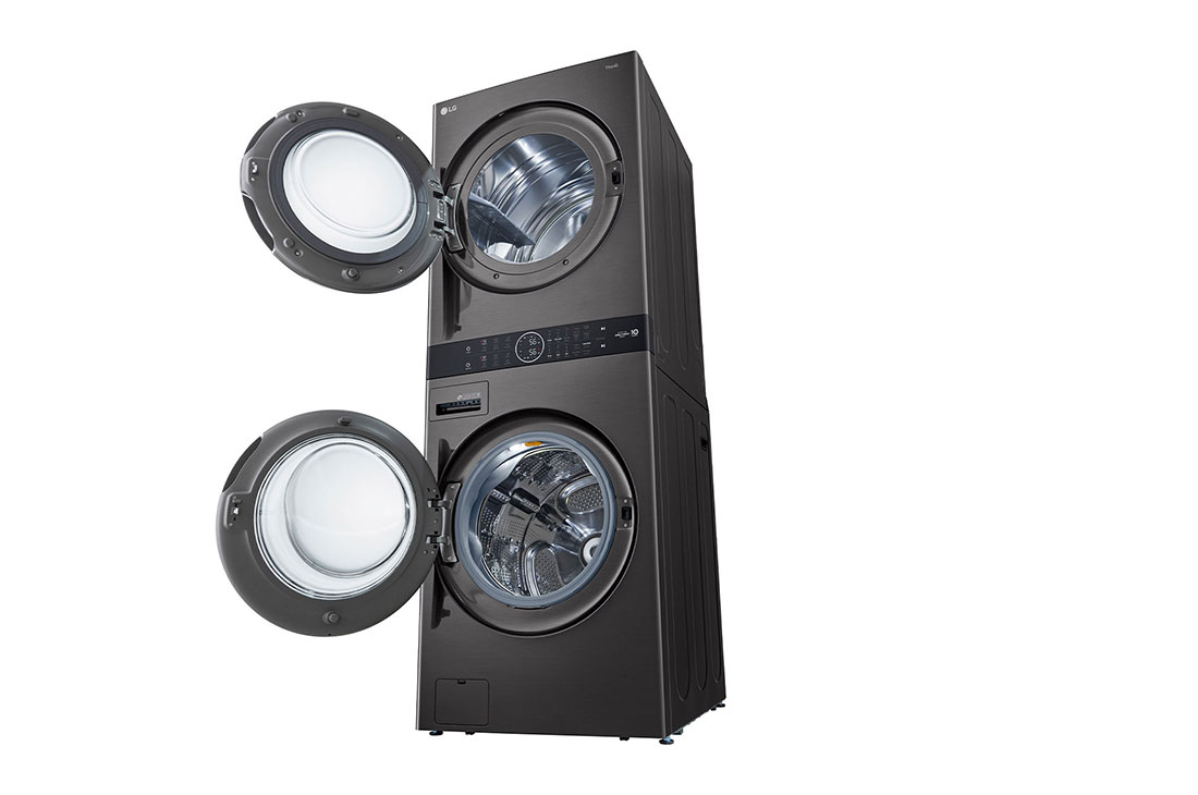 LG Torre de lavado WashTower™ 22kg (lavado)/ 22kg (Secado) AI Direct Drive™, Steam, Color Acero Negro, Torre de Lavado en un ángulo con vista hacia arriba para mostrar el frente y el lateral. Las puertas están abiertas para que los tambores de la lavadora y la secadora sean visibles., WK22BS6, thumbnail 12
