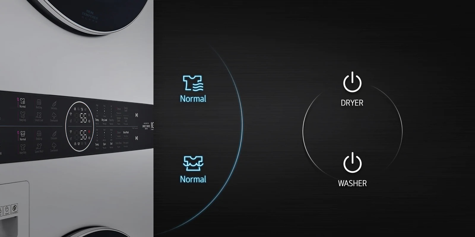 Vista lateral del panel de control con botones iluminados. A un lado, imagen ampliada de los botones en ciclo normal.