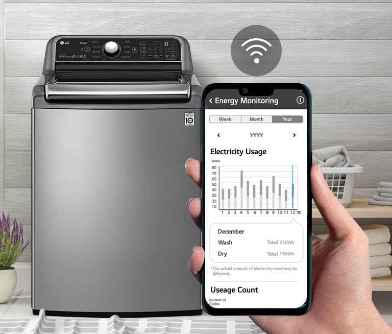 En una lavandería, una mano con un teléfono muestra la pantalla con datos de mantenimiento, uso de energía y símbolo de WiFi.