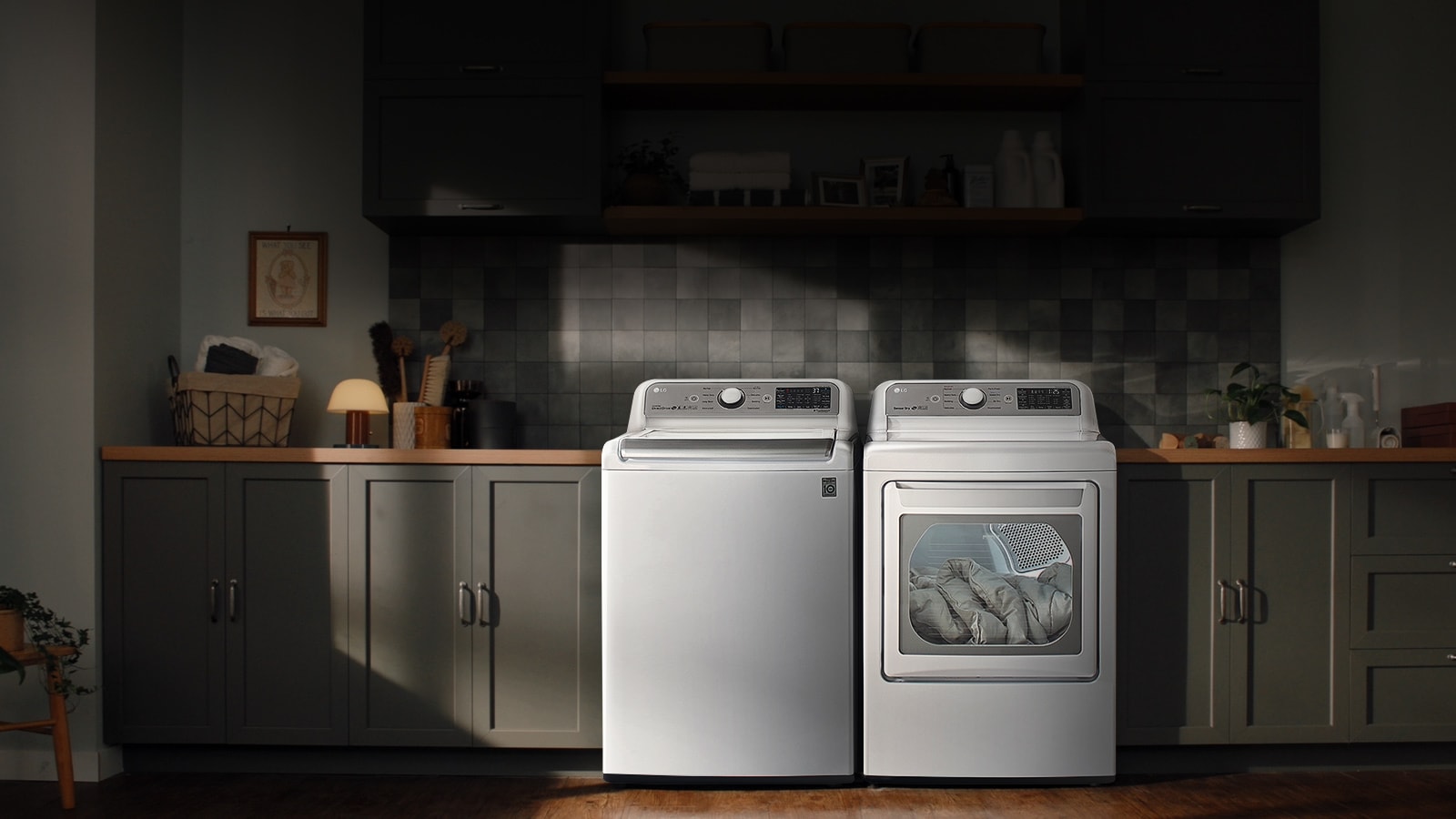 Un video muestra la lavadora LG Agitator en acción, enfocando el agitador y luego la lavadora y la secadora.