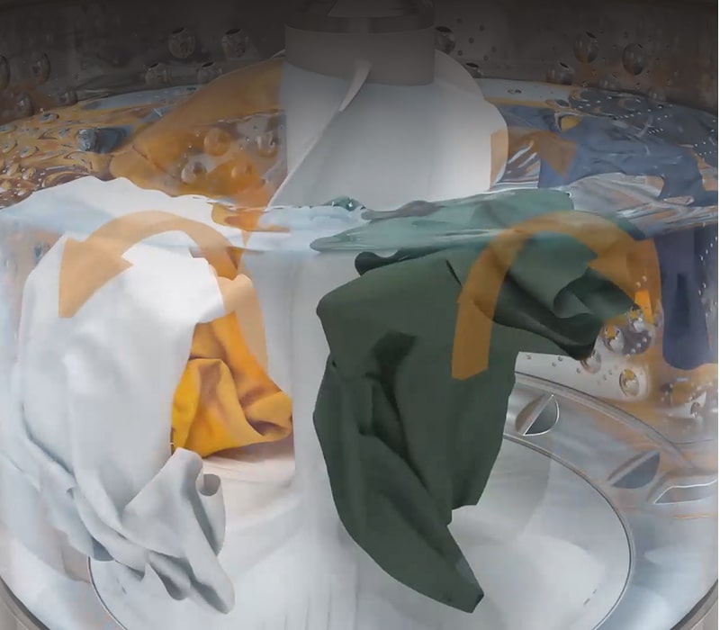 Dos videos están uno al lado del otro con botones individuales de reproducción/pausa en la parte inferior central de cada uno. El video de la izquierda tiene la etiqueta "Up Motion" en la parte superior y muestra con flechas amarillas y ropa en el agua cómo la ropa se mueve hacia afuera, alrededor y hacia arriba en el centro.