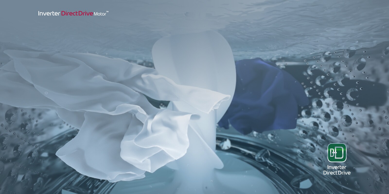 La ropa flota alrededor del agitador en la lavadora. El logotipo Inverter DirectDrive está en la esquina inferior derecha.