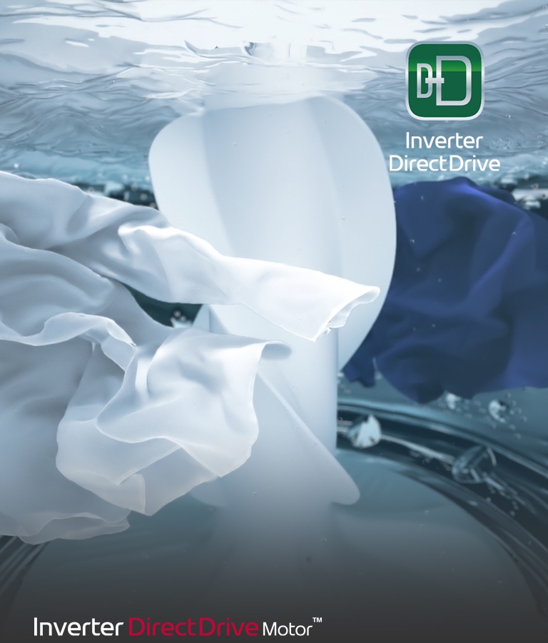 La ropa flota alrededor del agitador en la lavadora. El logotipo Inverter DirectDrive está en la esquina inferior derecha.