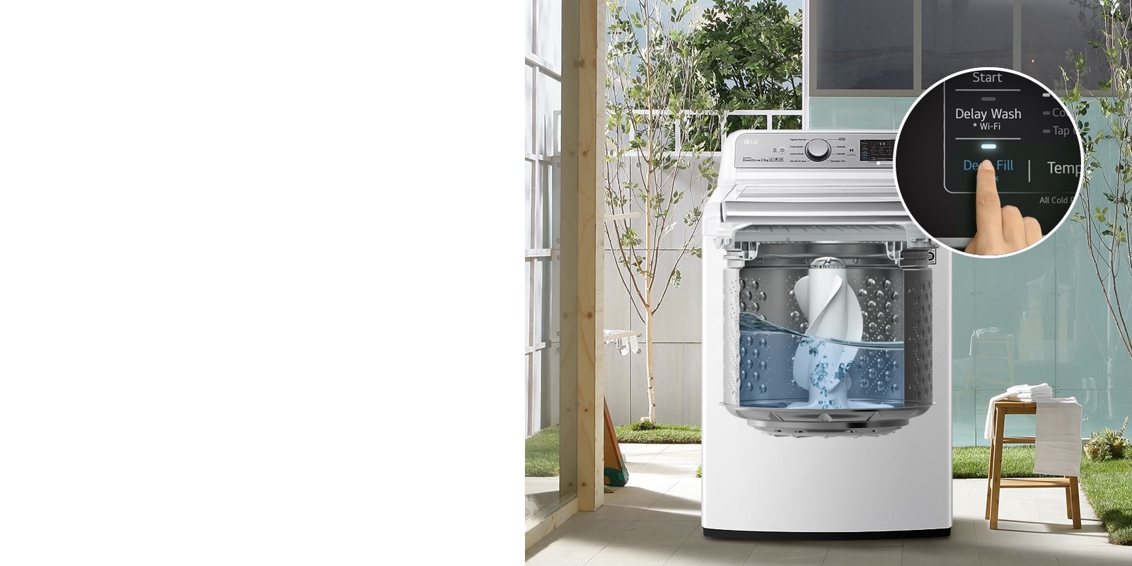 Una lavadora al aire libre muestra el tambor y el agua. Una mano presiona 'Llenado profundo' y el tambor se llena.