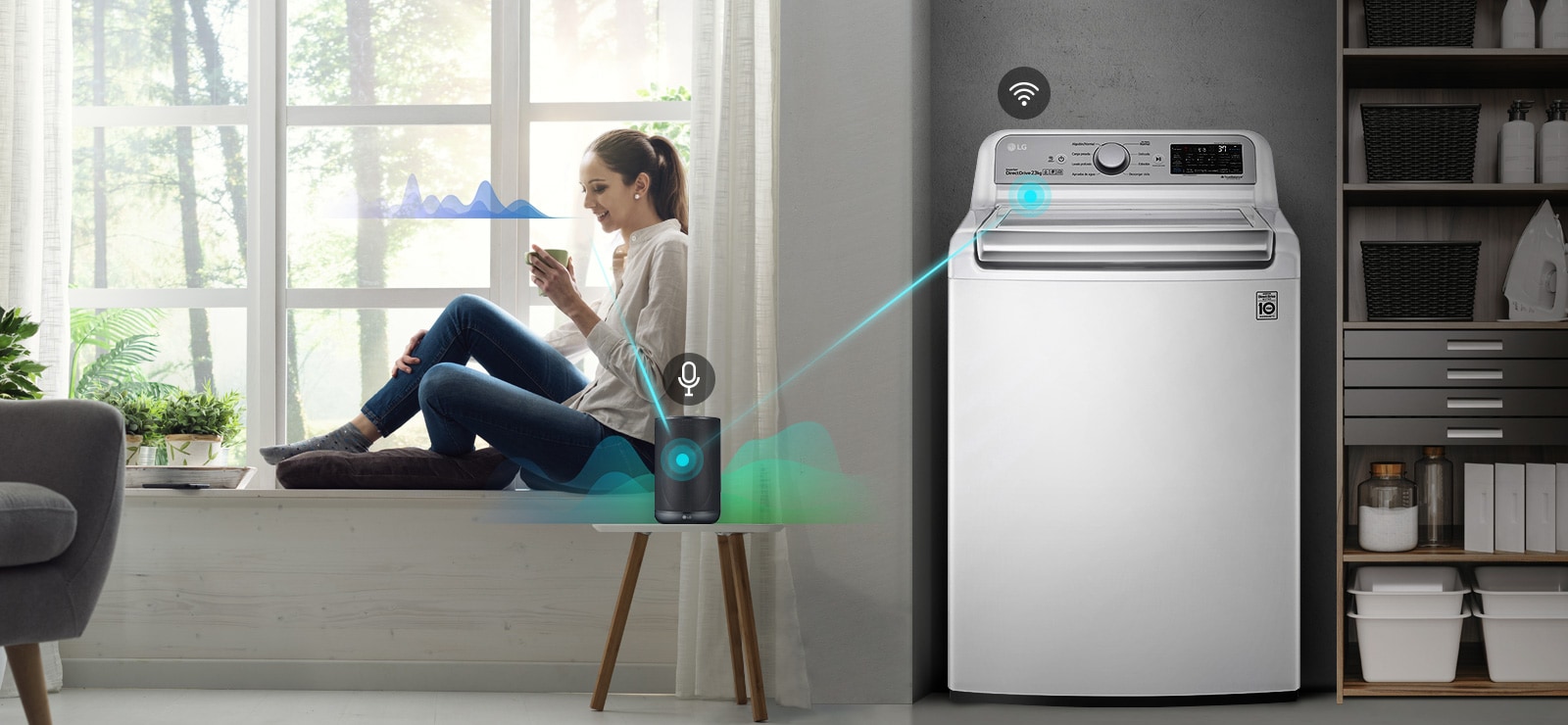 Una mujer habla al altavoz AI, que se conecta a la lavadora mediante líneas y ondas sonoras.