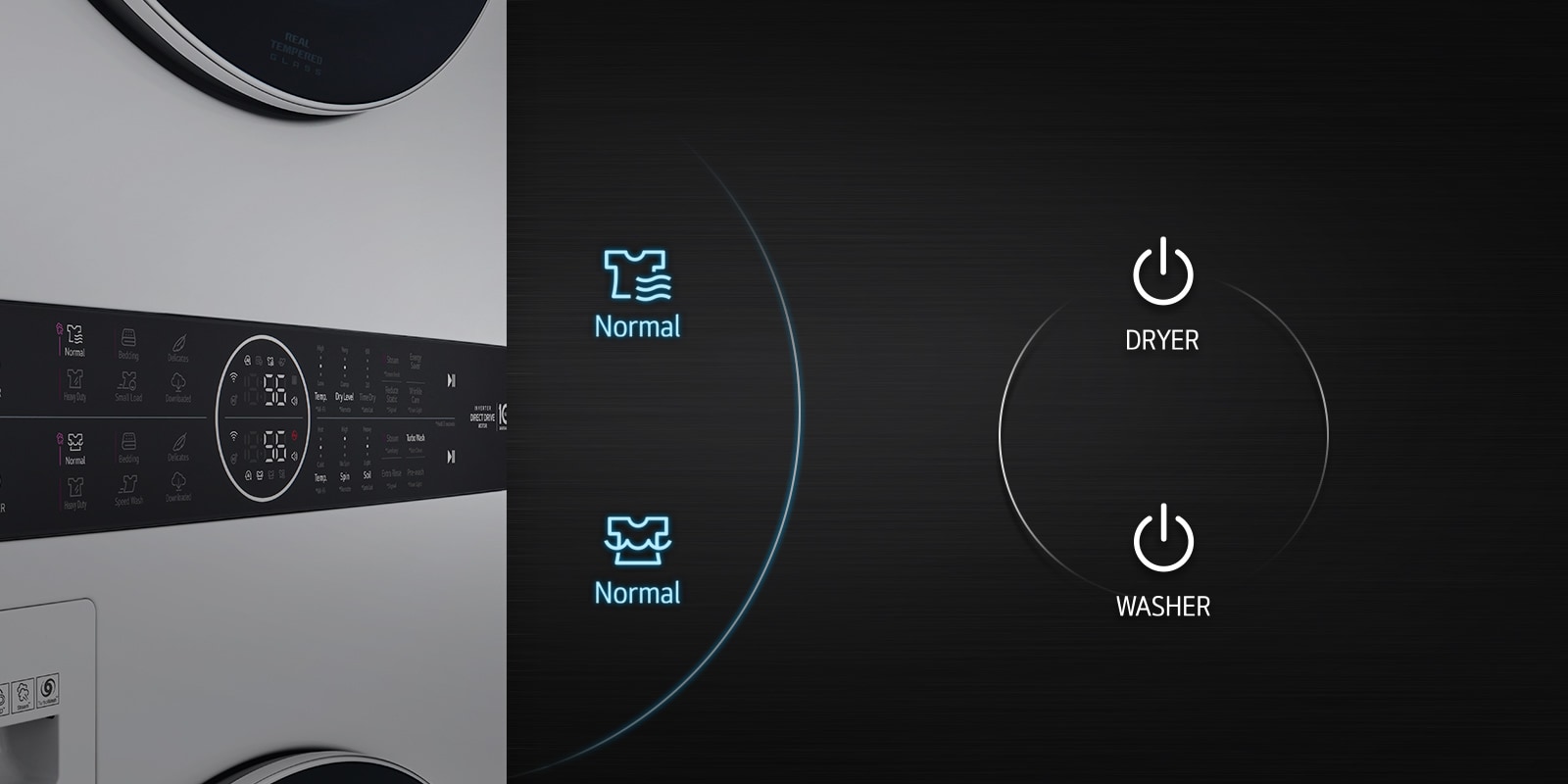 Vista lateral del panel de control con botones iluminados. A un lado, imagen ampliada de los botones en ciclo normal.