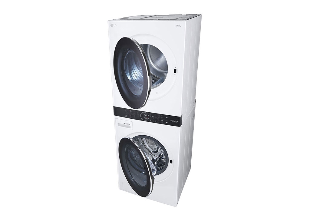 LG 22kg (lavado)/ 22kg (Secado) Torre de Lavadora AI Direct Drive™, Steam, ThinQ™, Color Blanco, Torre de Lavado en un ángulo para mostrar el frente, el lateral y la parte superior de la máquina con las puertas ligeramente abiertas., WK22WS6, thumbnail 11