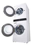 LG 22kg (lavado)/ 22kg (Secado) Torre de Lavadora AI Direct Drive™, Steam, ThinQ™, Color Blanco, Torre de Lavado en un ángulo con vista hacia arriba para mostrar el frente y el lateral. Las puertas están abiertas para que los tambores de la lavadora y la secadora sean visibles., WK22WS6, thumbnail 12