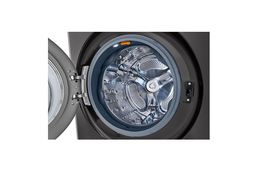 LG Torre de Lavado WashTower™ 4.5p³ (lavado)/ 7.4p³ (Secado Eléctrica) Carga frontal AI Direct Drive™ Steam Acero Negro, El tambor de la lavadora se muestra en un ángulo con la puerta abierta., WKEX200HBA, thumbnail 6