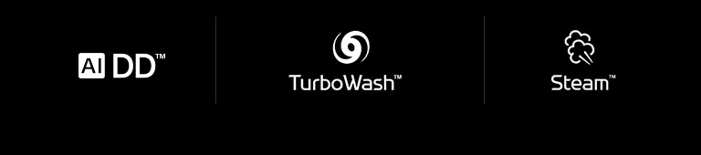 Fila con cuatro iconos LG para los Trade Mark: AI DD™, TurboWash™360, Steam™.