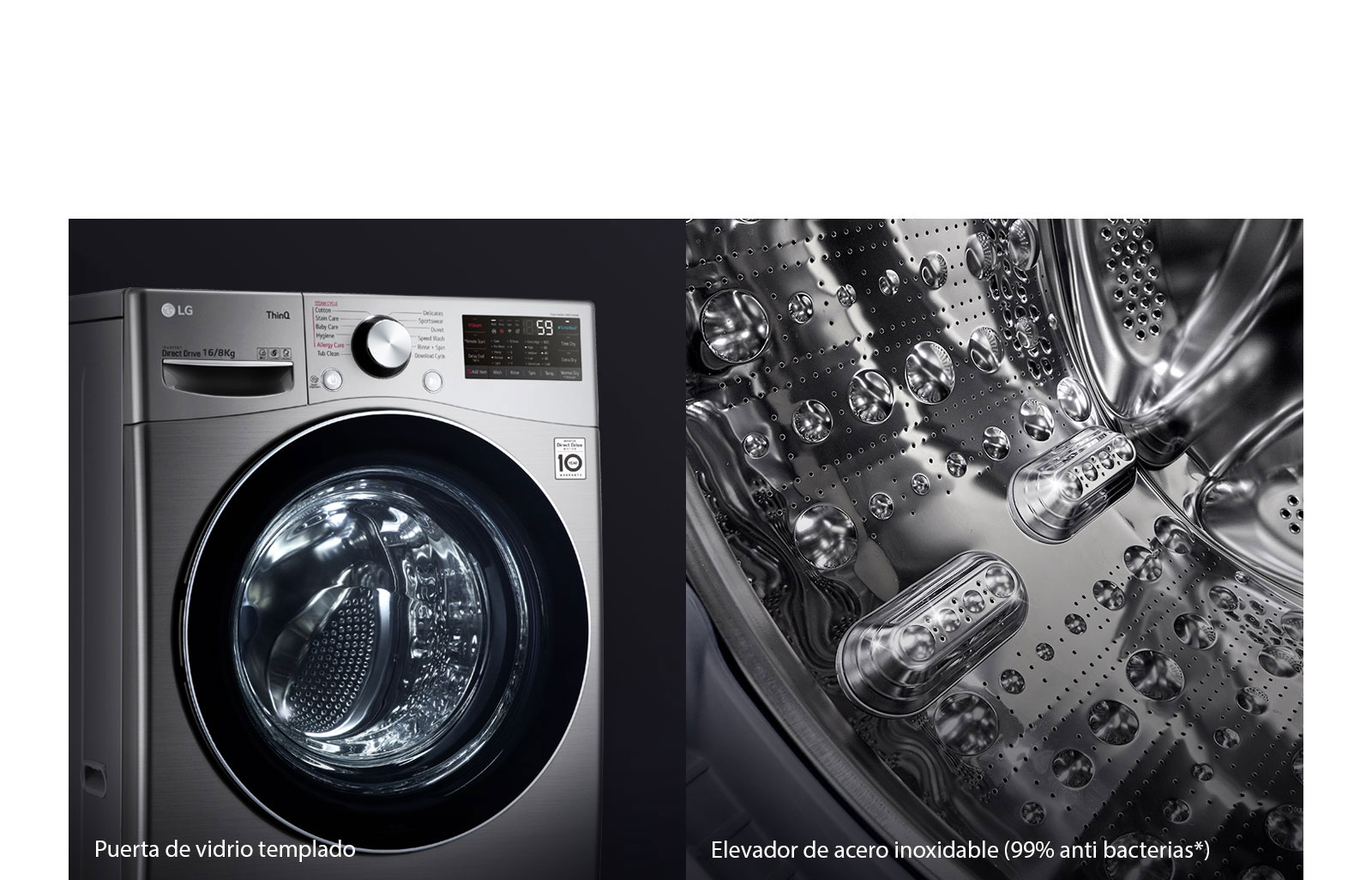 Primera imagen: puerta de vidrio templado de la lavadora. Segunda imagen: interior del tambor en acero inoxidable.