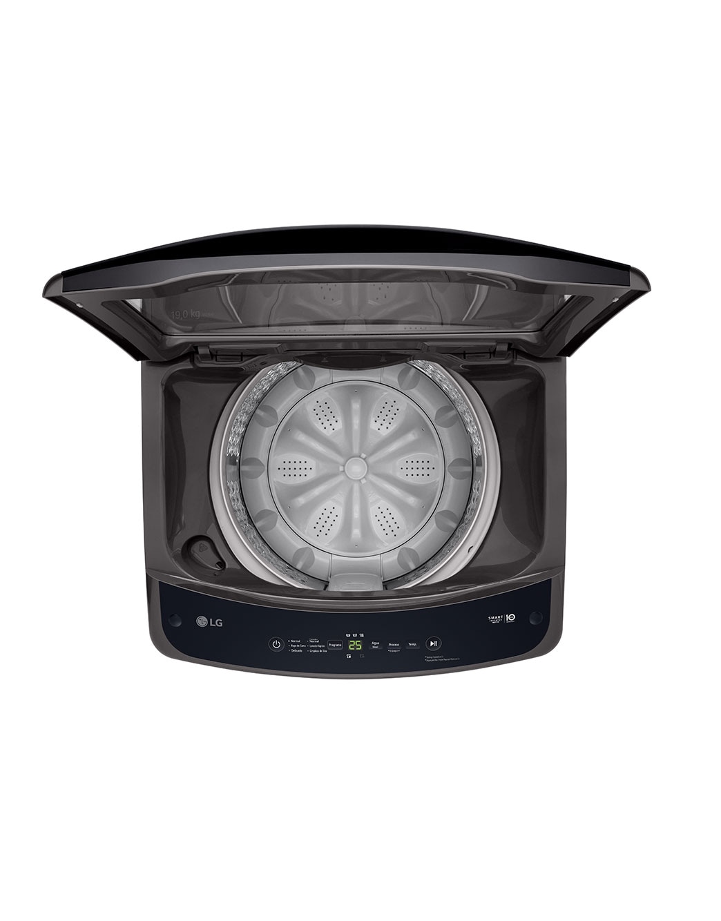 LG Lavadora LG Carga Superior Smart Inverter con LG TurboDrum 19Kg – Gris oxford, Top Open View, WT19MVTM