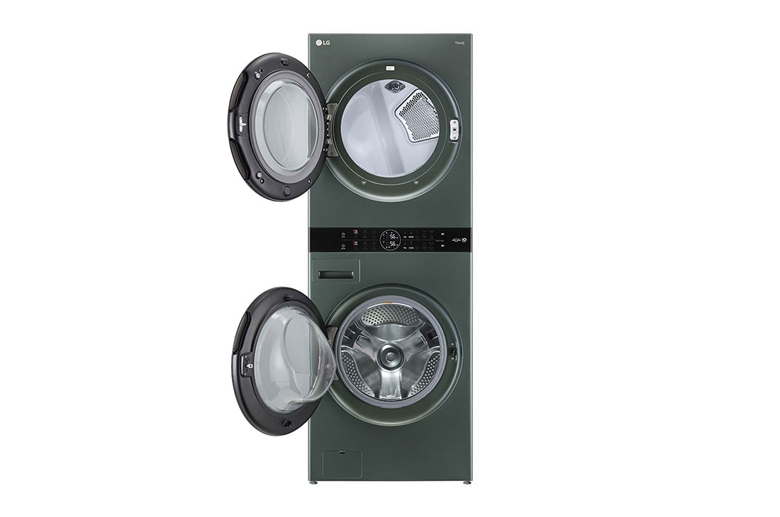 LG Torre de lavado WashTower™ LG 25Kg(lavado) / 22Kg (Modelo a Gas) Carga Frontal Inverter AI DD™ ThinQ Color: Green&nbsp;/ Green, Vista lateral izquierda (con el interior de los tambores y algunos botones de la luz del panel central encendidos), WK25GGS6, thumbnail 3