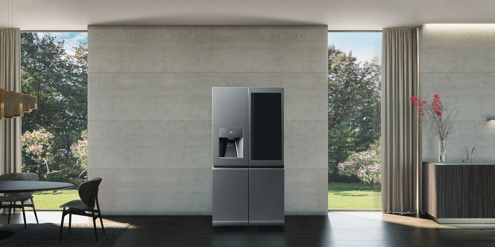 El refrigerador LG SIGNATURE se coloca en la sala de estar con mesa y sillas.