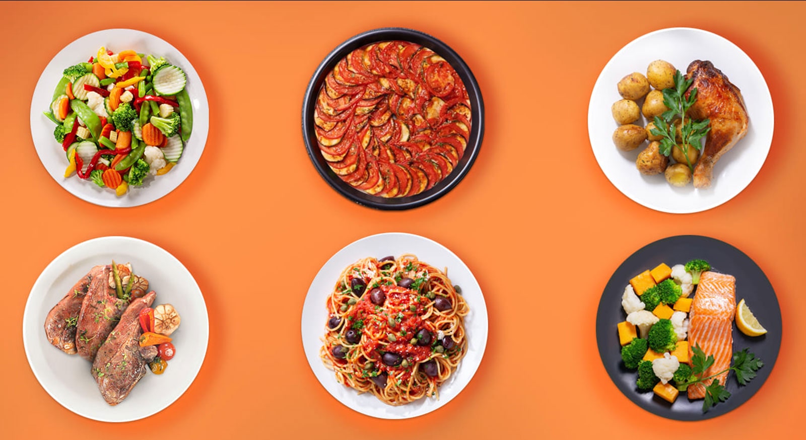 La imagen muestra seis platos diferentes cocinados usando la función Auto Cook del NeoChef.