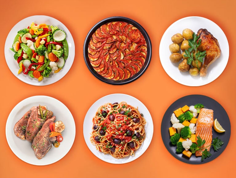 La imagen muestra seis platos diferentes cocinados usando la función Auto Cook del NeoChef.