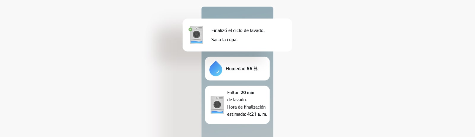 La imagen muestra las actualizaciones de estado de la lavadora en la pantalla de la aplicación LG ThinQ.
