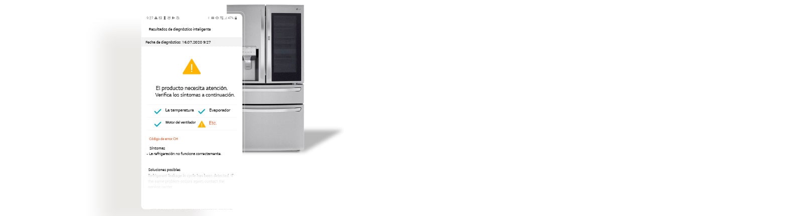 La imagen muestra la pantalla de diagnóstico de la aplicación LG ThinQ al lado de un refrigerador.