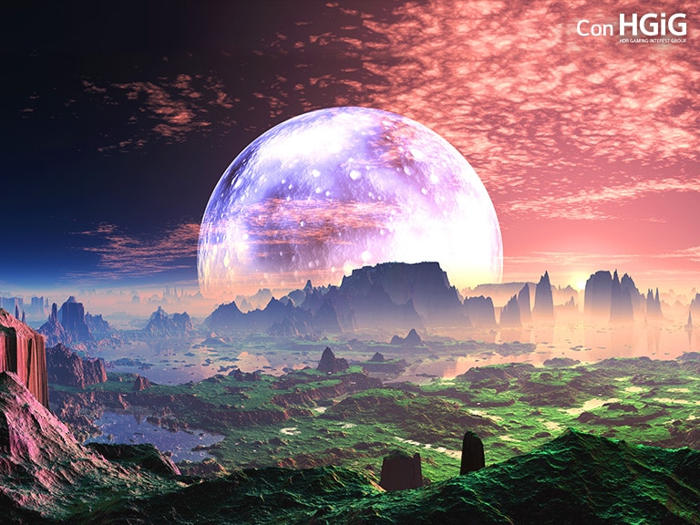 Una escena de un planeta idílico parecido a la Tierra se divide en dos partes: la de la izquierda es más apagada y menos brillante, y el texto dice Sin HGiG en la esquina superior izquierda. La de la derecha es una escena más brillante y el texto dice Con HGiG en la esquina superior derecha.
