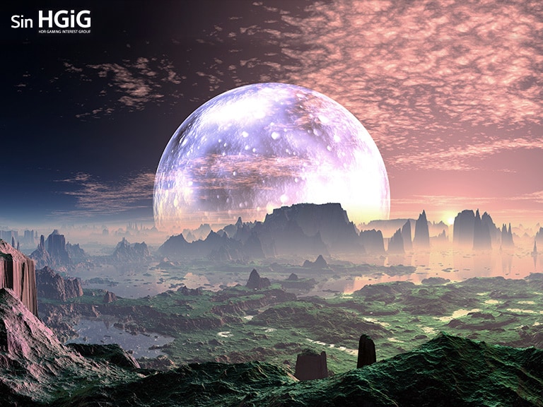 Una escena de un planeta idílico parecido a la Tierra se divide en dos partes: la de la izquierda es más apagada y menos brillante, y el texto dice Sin HGiG en la esquina superior izquierda. La de la derecha es una escena más brillante y el texto dice Con HGiG en la esquina superior derecha.