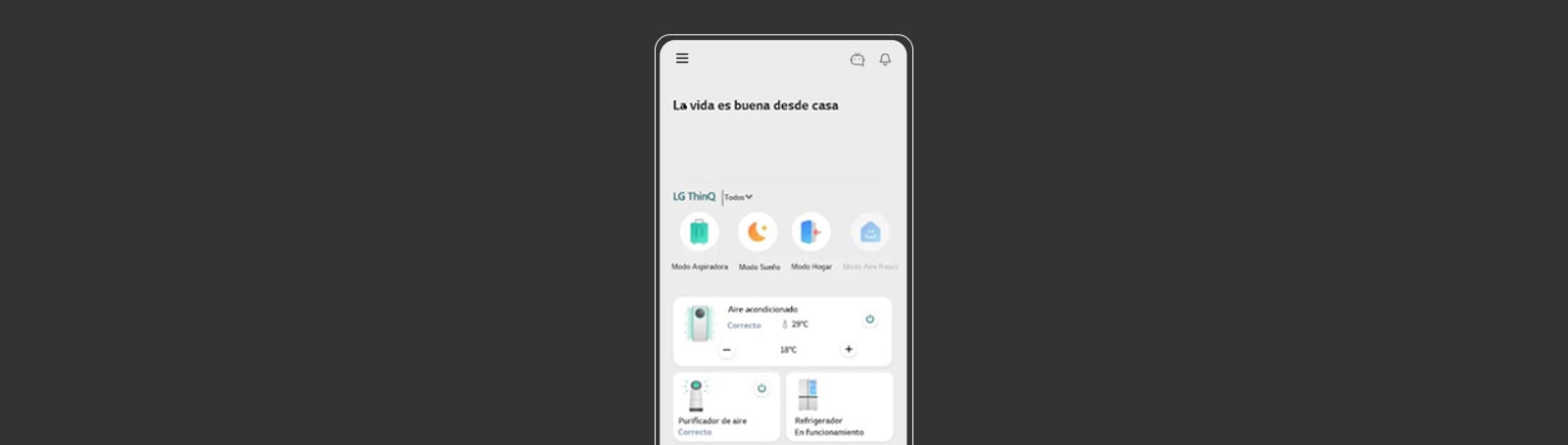 La imagen muestra la pantalla de la aplicación LG ThinQ
