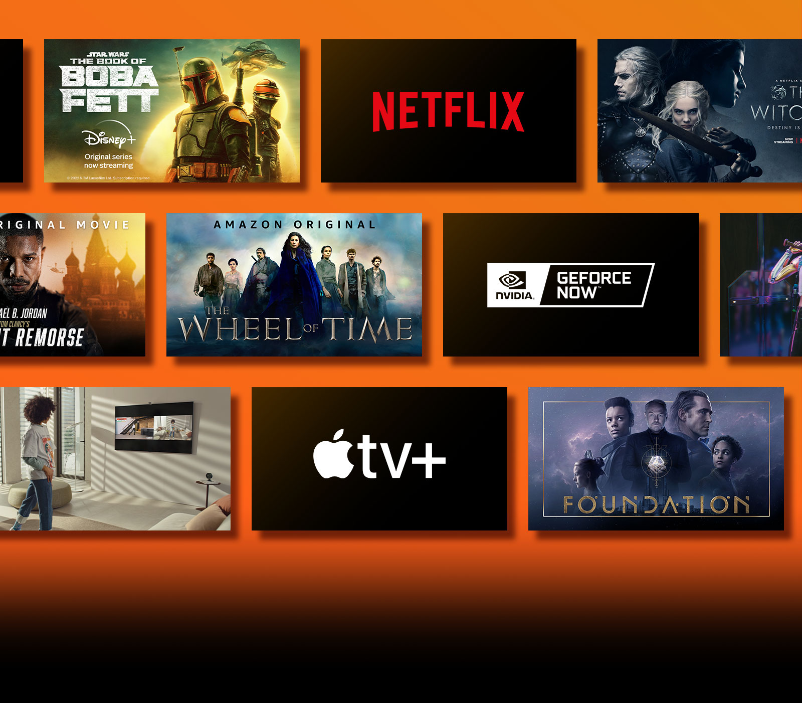 Hay logotipos de plataformas de servicios de transmisión y metrajes coincidentes justo al lado de cada logotipo. Logotipo de Netflix y robo de dinero y The Witcher. Logotipo de Disney y Boba Fett. Logotipo de Prime Video y Without Remorse and The Wheel of Time. Logotipo de Livenow e imagen promocional de mamamoo y de OneUs. Logotipo de HBO Max y de The Wire and Euphoria. Logotipo de Apple TV plus y Foundation and Finch. 